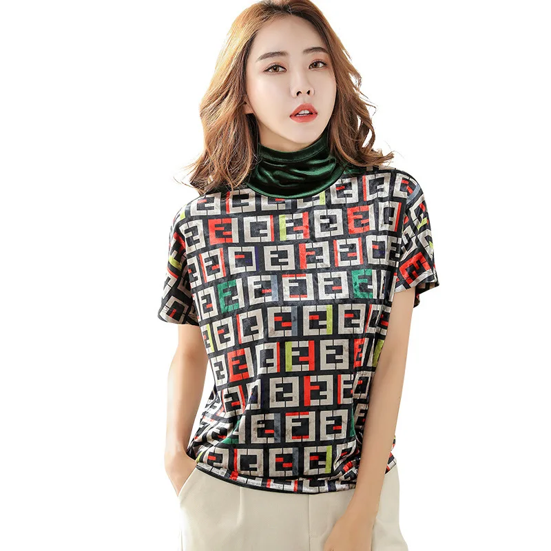 Gold Velvet New Clothes Turtleneck T-Shirt Short Sleeve T Shirt Women Summer Tops Print Woman Tshirt Casual Tee Shirt Femme