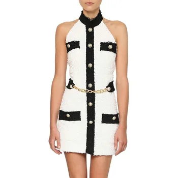 

White Summer Dress Sexy Gold Button Slim Halter Neck Strapless Backless Mini Casual Dresses Girl Clothing Women 2020 New Vestido