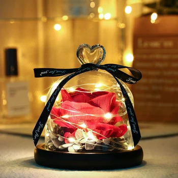 

Beauty And Beast Rose In Flask Led Rose Flower Light Black Base Glass Dome Christmas Present Mother's Day Valentines Day Gift