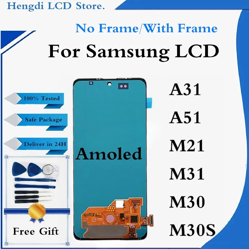 

Amoled LCD For Samsung A31 A51 LCD Display Touch Screen Digitizer Assembly For Samsung M21 M31 M30 M30S Display Screen + Frame