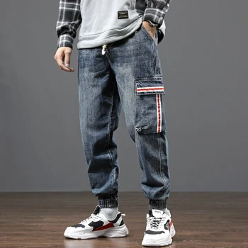 

Fashion Streetwear Men Jeans Loose Fit Stripe Printed Designer Harem Jeans Men Big Pocket Cargo Pants Retro Blue Hip Hop Jeans