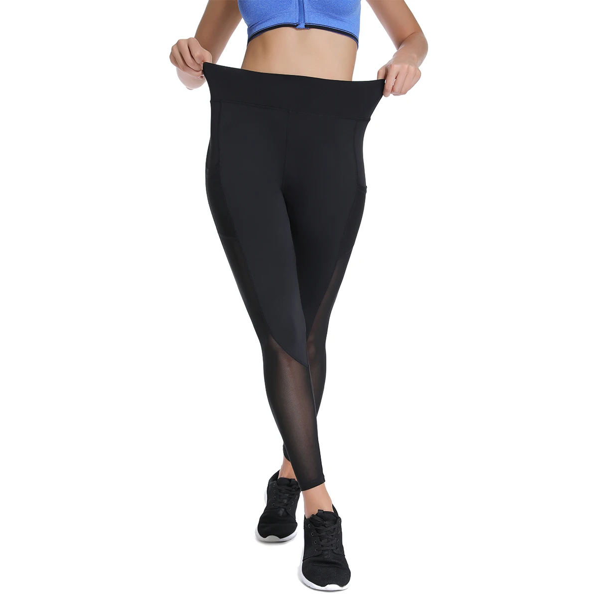 High Waist Workout Mesh Leggings Women Body Shapers with Pockets Gym Fitness Trousers Running Sports Slim Pants Stretch Black