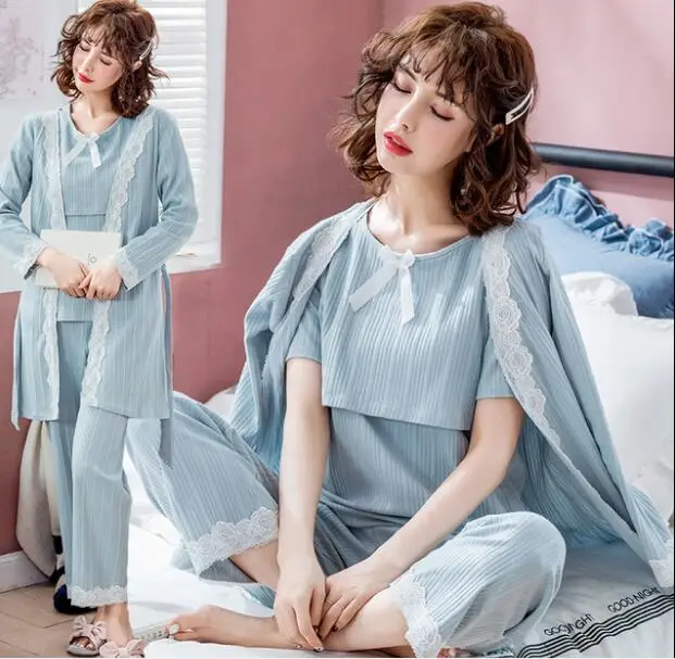 1680blue Комплект из 3 предметов, Хлопковая пижама для кормления грудью для беременных женщин, Пижама для беременных, maternid, спецодежда медицинская - Цвет: 1680blue