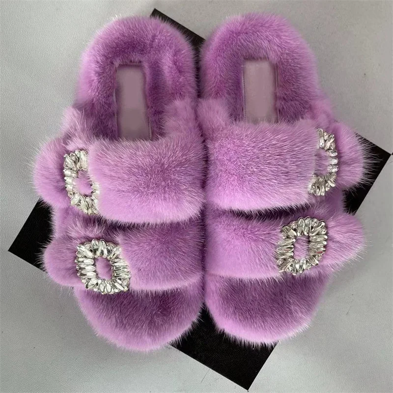 Winter Fur Rhinestone Slippers For Women Wedge Heel Outdoor Shoes