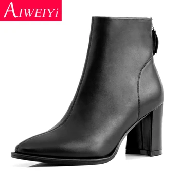 

Sheep Leather Woman Ankle Boots Black White Genuine Leather Boots Round toe Back Zip Platform Pumps Autum Winter Short Botas