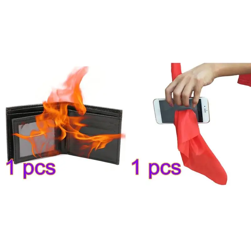 2pcs Novelty Magical Trick Flame Fire Wallet with Magical Tricks Scarf Through Phone Close-up Tricks Silk Thru Phone Trick Toys