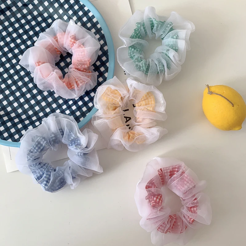 

Gradient Rainbow Rubber Band Hair Rope Hair Accessories Thin Mesh Elastic Hair Tie Transparent Organza Scrunchies Net Yarn Plaid