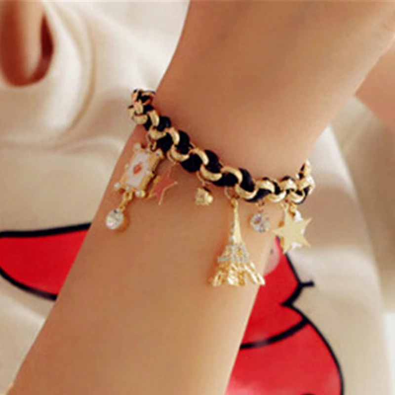 Fashion popular wild five-pointed star flower playing card A Paris Eiffel Tower crown leather rope woven bracelet anklet female | Украшения