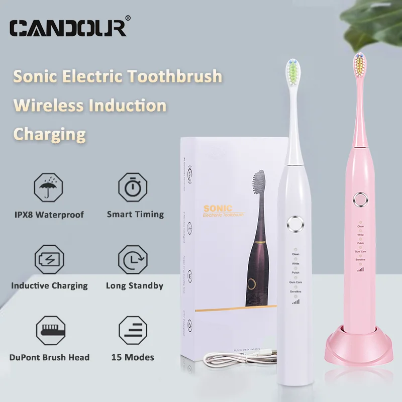 

CANDOUR CD-5166 Sonic Electric Toothbrush USB Rechargeable adult Waterproof Ultrasonic automatic 5 Mode with Travel Tooth brush