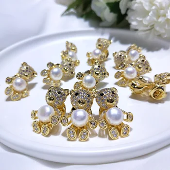 

Fashion 925 Sterling Silver Gold Bear Brooch With Freshwater Pearl AAA Zircon Women Suit Dress Brooch Pin Gold Plated Jewelry