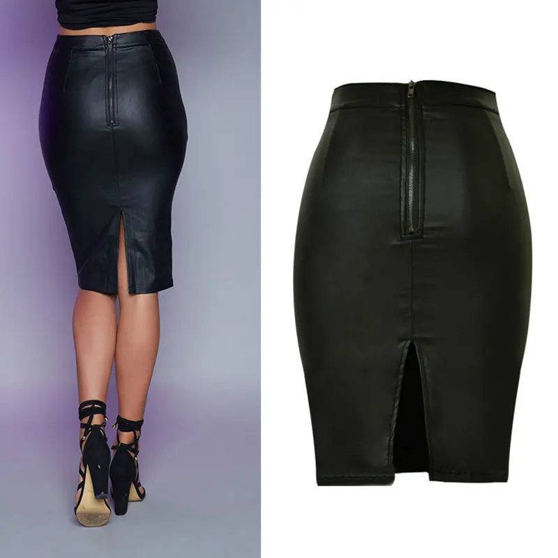 High Waist Push Up Black Skirts Women Elasticity Faux Leather Split Jupe Femme Coated Vintage Punk Saias Na Altura Do Joelho