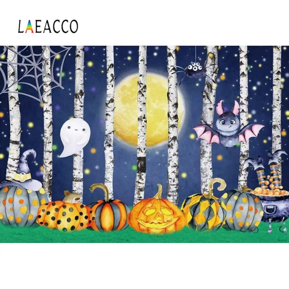 Laeacco Halloween Backdrop For Photography Forest Tree Pumpkin Bat Evil Moon Party Baby Watercolor Photo Studio | Электроника