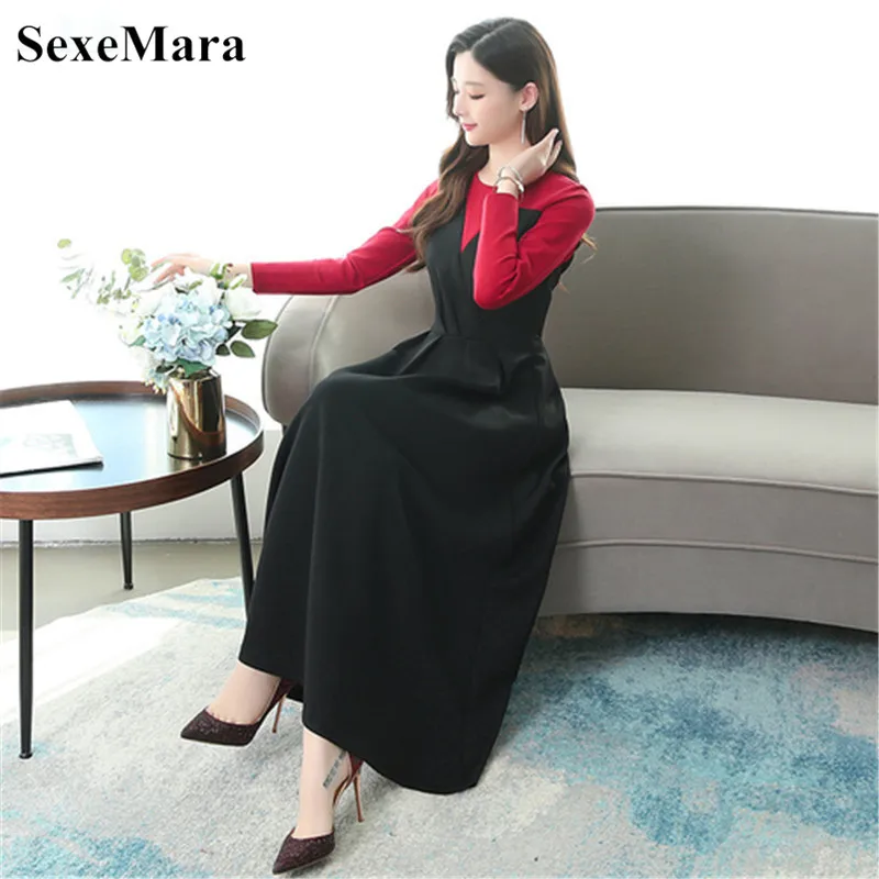 

Large size dress autumn and winter new o collar color matching slim slimming dress Roman cloth thickening Big pendulum dress