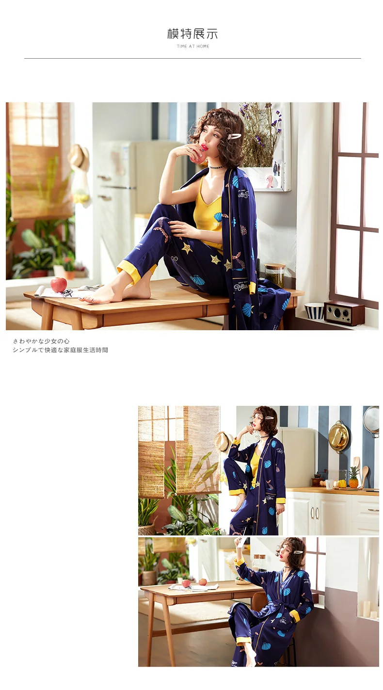 Primavera e Outono Pijamas de Algodão de Manga Comprida Completa Três Peças Robe Bonito Sexy Leisurewear Terno 5 Pijamas e Moda Íntima