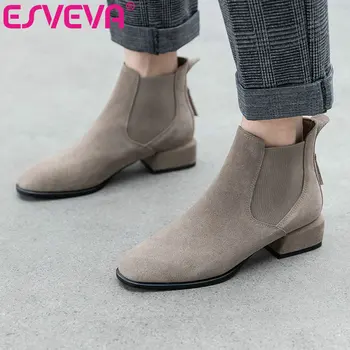 

ESVEVA 2020 Women Shoes Winter Ankle Boots Round Toe PU + Cow Suede Zipper Square Low Heel Fashion Boot Size 34-39