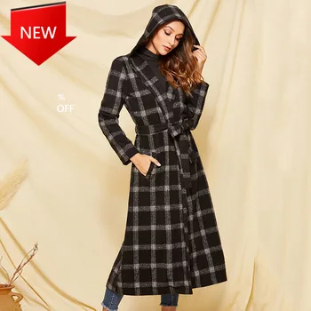 

Chic High Street Belted Windbreak Trench Lady Wool Coat Winter Vintage Black Hooded Plaid Long Trench Coat Women
