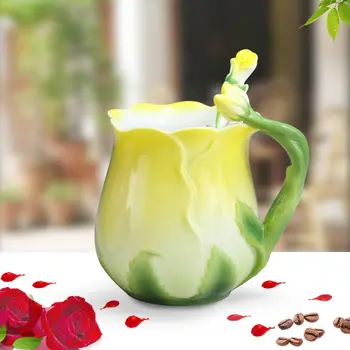 

3D Rose Mugs Color Enamel Porcelain Cup Drinkware Flower Coffee Cups Creative Mugs Ceramic with Spoon Coffee Milk Tea Sets