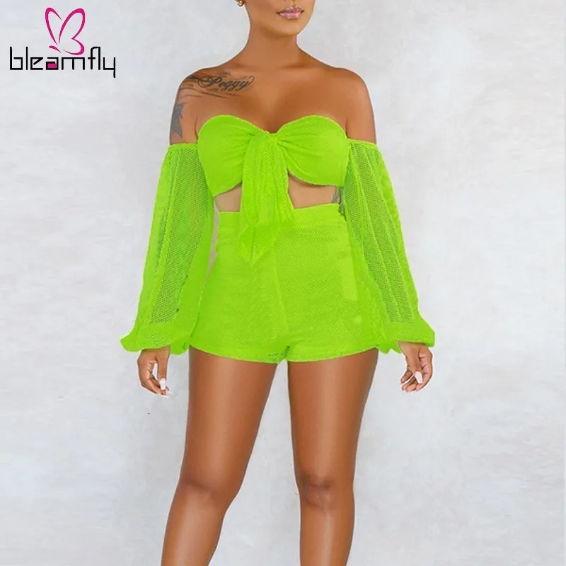 

Neon Green Two Piece Set Women Summer Clothes Fishnet Mesh Sheer Long Sleeve Crop Top+Biker Shorts 2 Piece Sexy Club Outfits