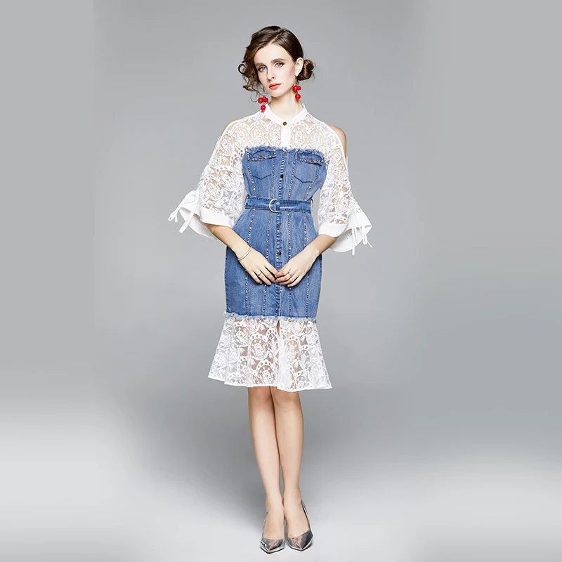 

ZUOMAN Women Autumn Vintage Denim Dress Festa High Quality Elegant Cocktail Party Robe Femme Lace Designer Casual Vestidos