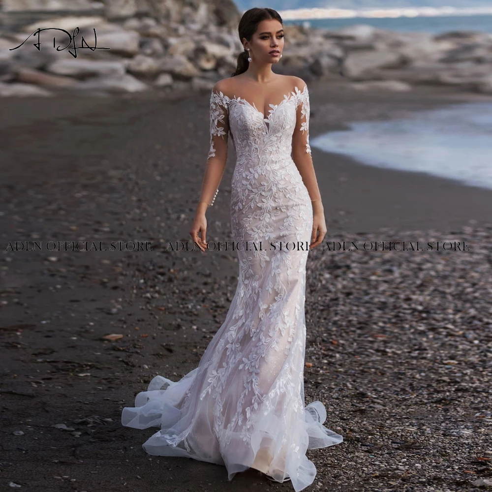 Sexy Scoop Long Sleeves Mermaid Wedding Dresses Customized abito da sposa Sweep Train Lace Bridal Gown vestido de casamento 5