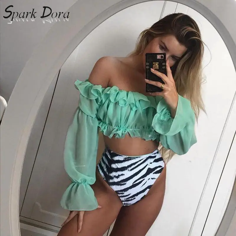 SparkDora 2020 Chiffon Long Sleeve Lace Bikini Snake Sexy Swimwear Split Swimwear set padded bra ladies bandeau bathing suit SparkDora 2020 Chiffon Long Sleeve Lace Bikini Snake Sexy Swimwear Split Swimwear set padded bra ladies bandeau bathing suit