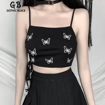 

Gothblack Sexy Slim Knitting Camis Gothic Women Butterfly Printing Lace Up Crop Tops Female 2020 Summer New Streetwear Short Top