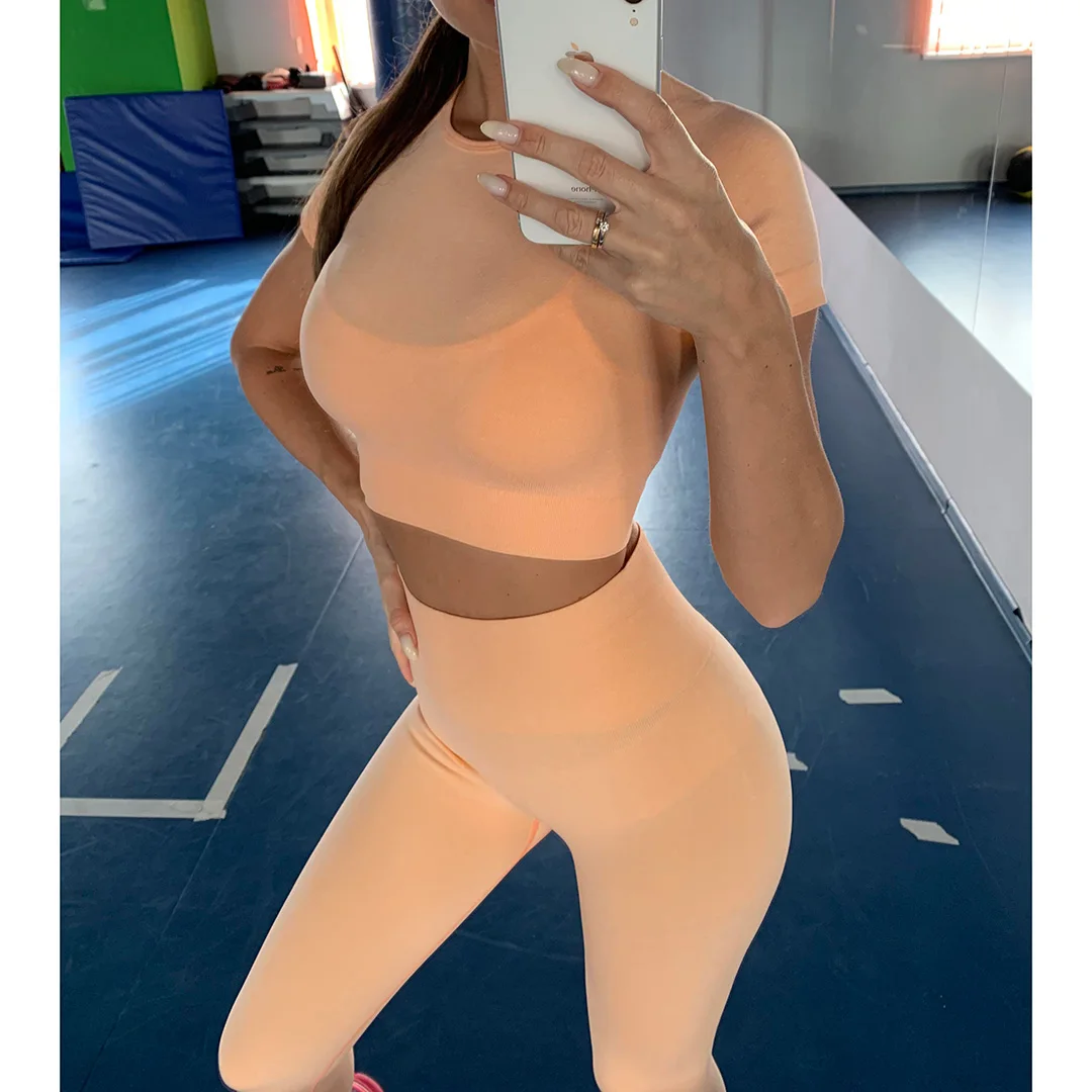 Sportswear Top 2pcs Yoga Set Women Yoga Suit Short Sleeve High Waist Leggings Gym Quick Dry Wear Energy Fitness Suit A012 yoga set sports set gym workout set sportswear set fitness set sports bra set yoga pants set