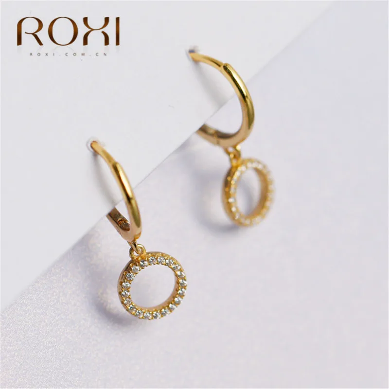 ROXI, модные маленькие 925 пробы, серебряные Подвесные серьги-гвоздики, серьги для женщин, Кристальные круглые подвески, очаровательные маленькие серьги-гвоздики, ювелирное изделие