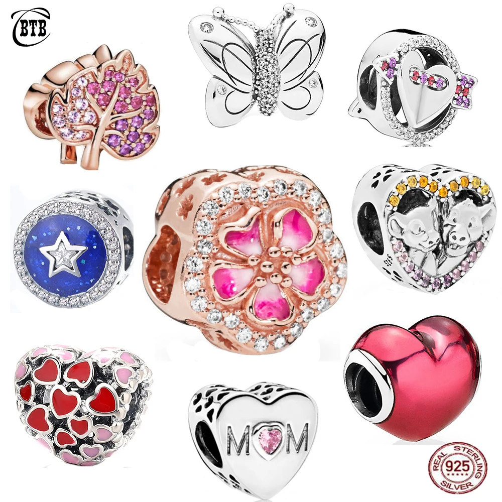 

Hot Sale 925 Silver Butterfly Cupid's Arrow Pink Enamel Love Heart Mom Beads Charms fit DIY Bracelet Fashion Jewelry for Women