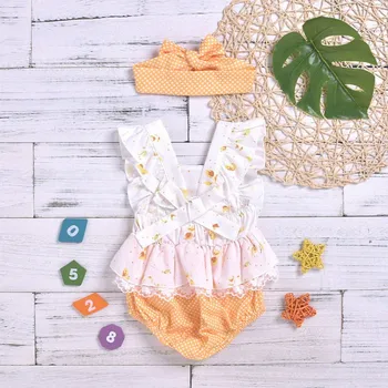 

Summer Baby Casual Romper Set Girl Cotton Infant Flare Sleeve Bodysuit+Bowknot & Headband Suits