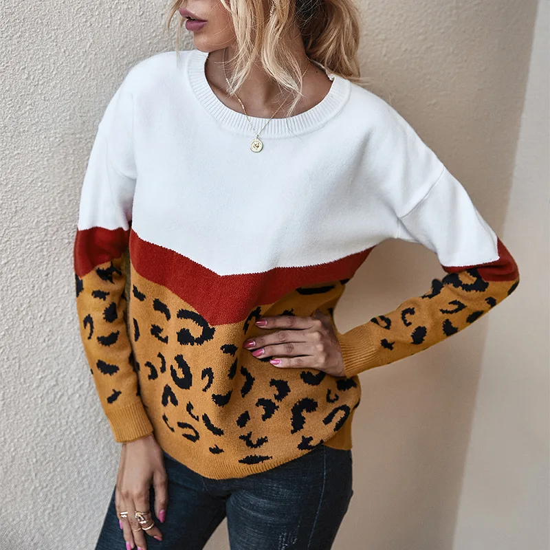 

Fashion Leopard Patchwork Autumn Winter 2020 Ladies Knitted Sweater Women O-neck Full Sleeve Jumper Pullovers Top Khaki Brown