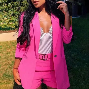 

Julissa Mo 2 Piece Set Blazer Shorts Women Outfits Autumn Long Sleeve Casual Suits Female Turn-down Collar Slim Work Office Sets