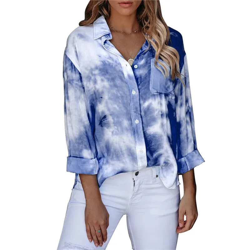 

Women Blouse Lapel Long Sleeve Tie Dye Print Buttons Shirt Spring Autumn Casual Loose Female Bloues Plus Size Tops