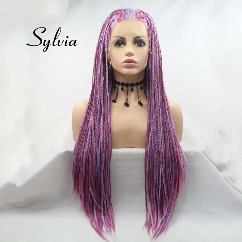 Фиолетовый Sylvia желтый/розовый смешанный цвет длинная коса синтетические кружева передние парики для женщин волосы термостойкие волокна косы парики - Цвет: Фиолетовый