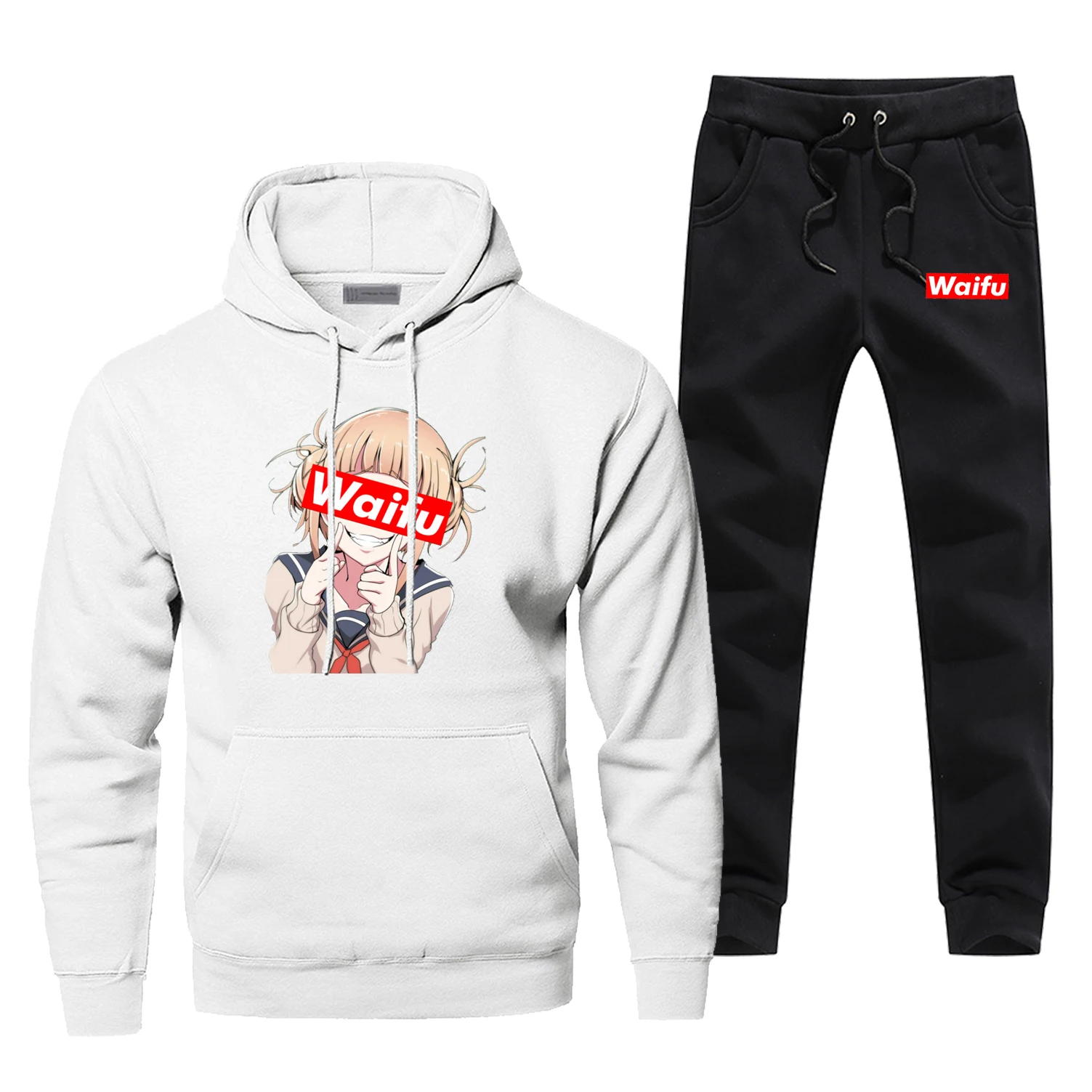 Модные милые толстовки с героями мультфильмов Kawaii Waifu, мужские флисовые толстовки+ штаны, спортивная одежда, комплекты из 2 предметов, Мужская теплая спортивная одежда, спортивные штаны