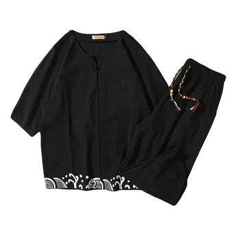 

Chinese Style Mens 2 Piece Outfit Linen Set Short Sleeve Summer Leisure Casual Short Thin Sets 1.17