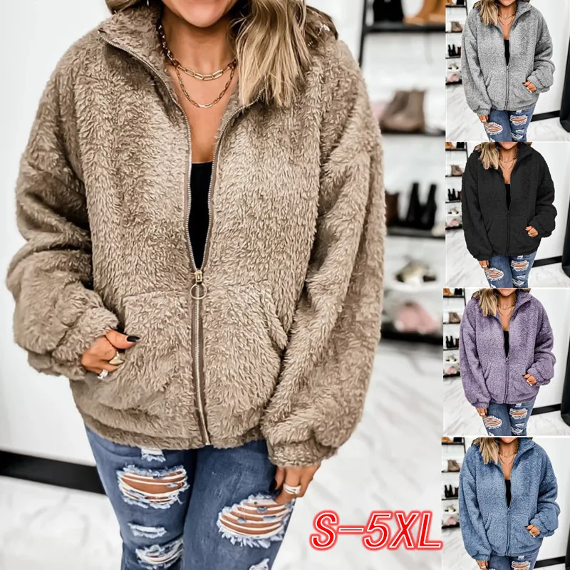 Chaqueta de lana con cremallera para mujer, cárdigan de lana de doble cara, abrigo cálido para otoño e invierno, 5Xl, nueva