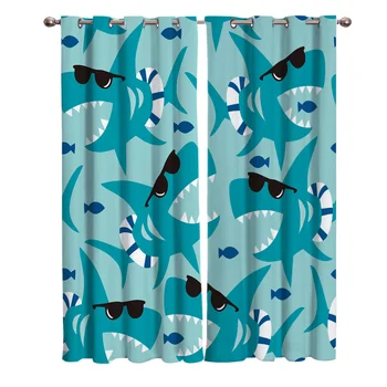 

Shark Sunglasses Cartoon Curtains for Windows Drapes Modern Printing Curtain For Living Room Bedroom
