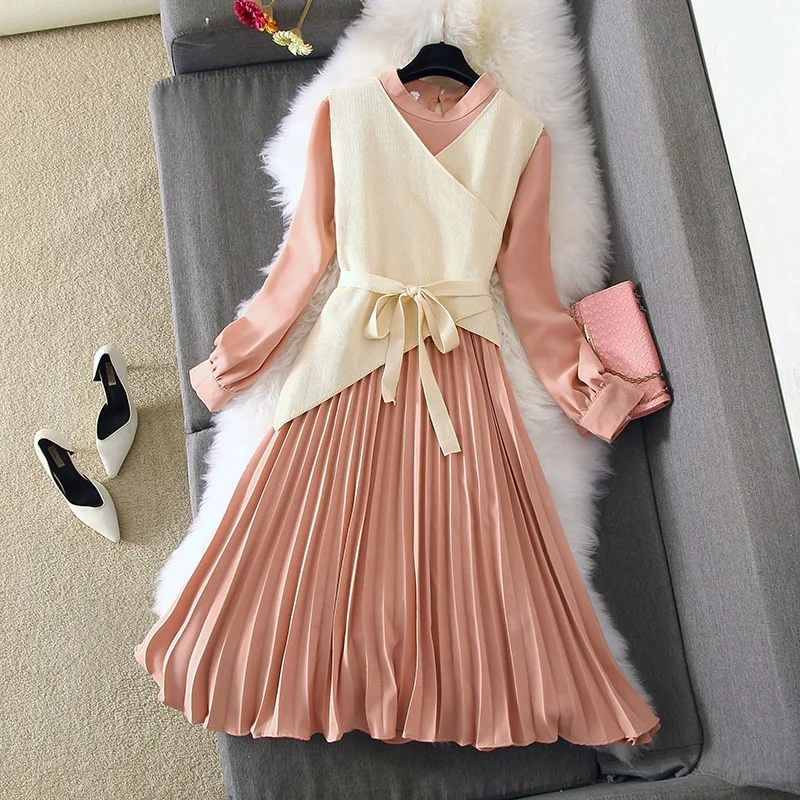 Autumn Winter Dress Suit Women Elegant Long Sleeve Knit Bodycon Mid-Calf Long Sweater Pleated Dress Set Casual Spring