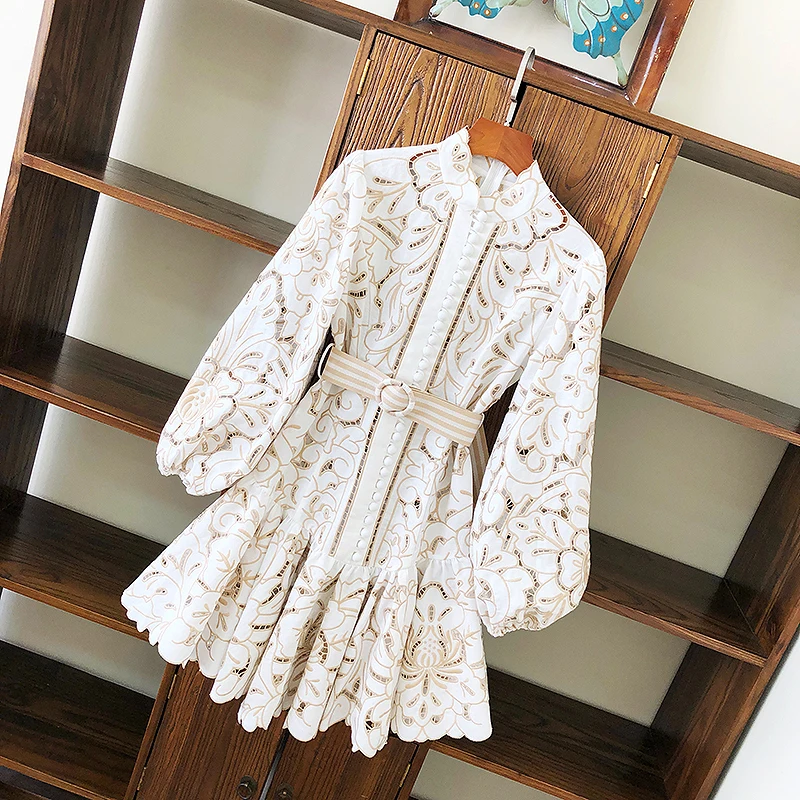 

Top Quality Luxury Runway Dress 2020 Spring Holiday Style Hollow Out Embroidery Lantern Sleeve Elegant Midi Dresses