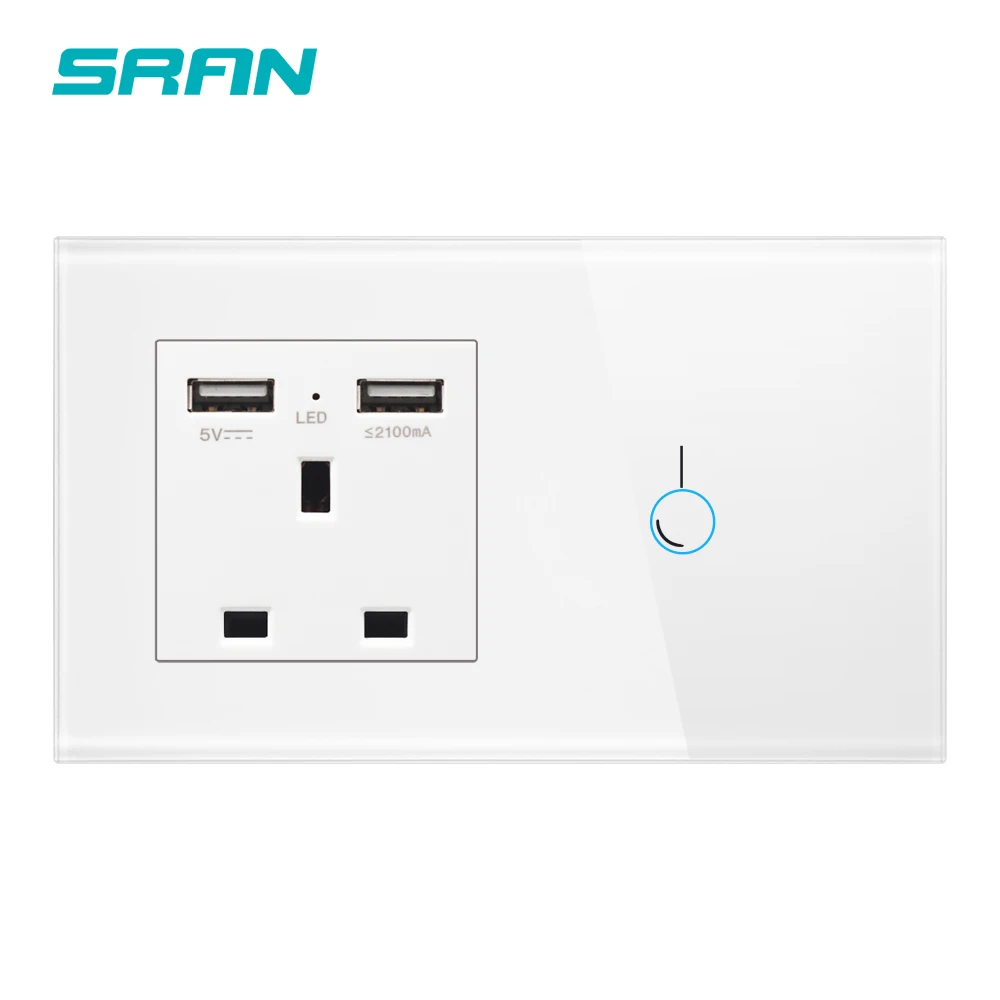 White 1 Gang 1 Way SRAN UK 13A Розетка с usb и переключателем 1 комплект 1 способ сенсорный светильник переключатель стеклянная панель 146*86 мм аксессуары для украшения Умного Дома - Цвет: White 1 Gang 1 Way