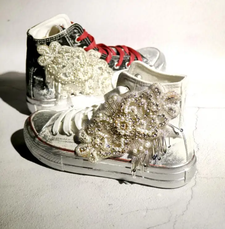 

Retro rhinestone tassel patch gemstone rhinestone inside increased sponge cake thick bottom high canvas shoes