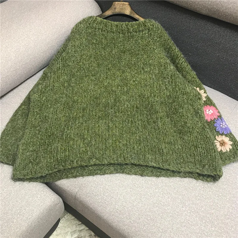 Свободный вязаный пуловер с вышивкой, женский свитер, Осень-зима, модный топ с круглым вырезом, свитер