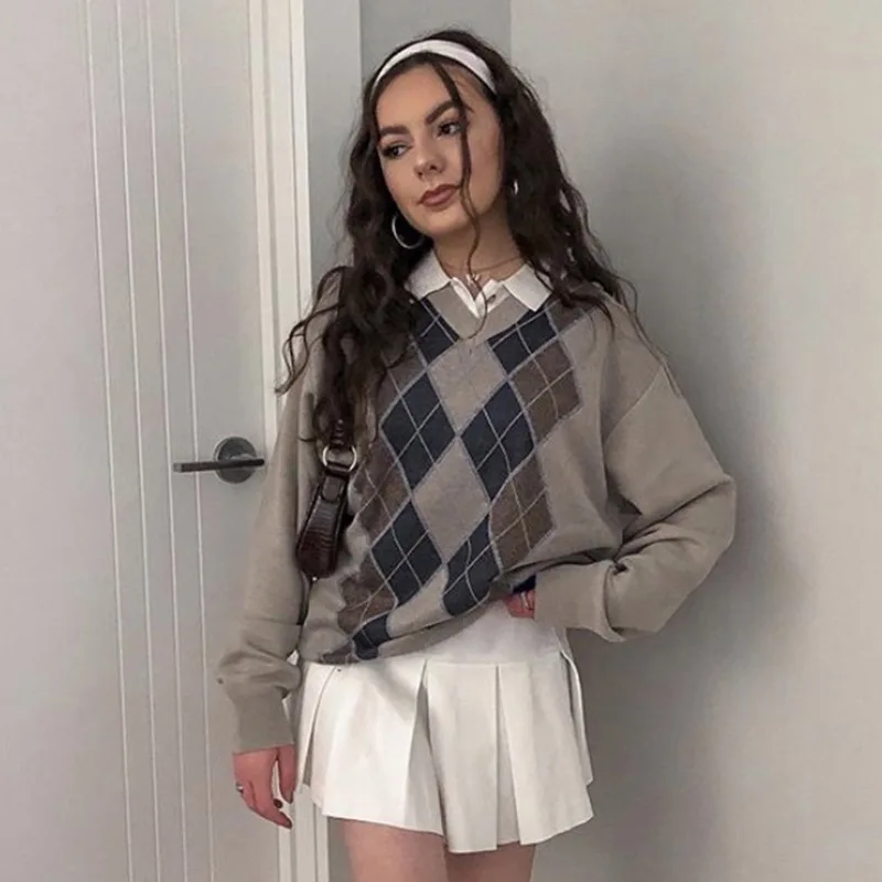 Autumn and winter warm sweater 2020 new fashion rhombus print loose thin long-sleeved woolen blouse women's |