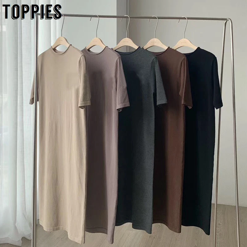 2020 summer short sleeve dress solid color korean midi dress women cotton round neck straight pullover 2020 summer short sleeve dress solid color korean midi dress women cotton round neck straight pullover