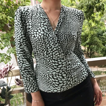 

Women Leopard Print Wrap Shirt Casual Vintage Blouse Female Clothes Long Sleeve Top