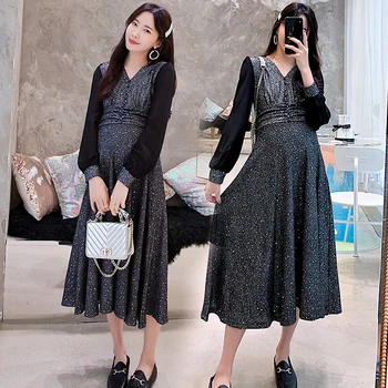 

6037# Spring Autumn Fashion Long Sleeve Maternity Long Party Dresses V Neck Slim High Waist Clothes for Pregnant Women Pregnancy