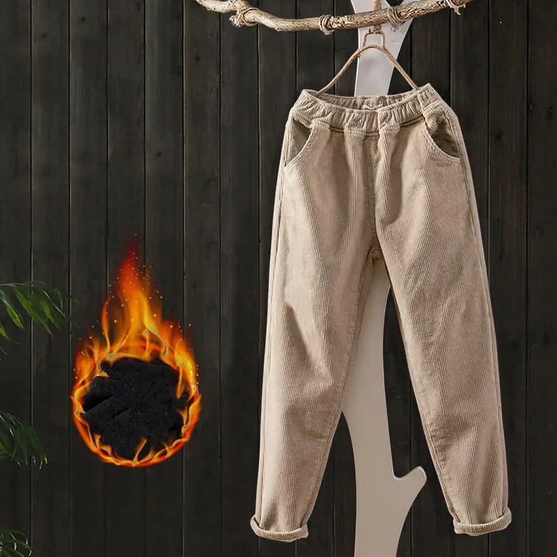 Винтажные вельветовые брюки женские свободные осенние зимние плюс бархатные вельветовые брюки с высокой талией женские теплые Большие размеры женские брюки Q1991
