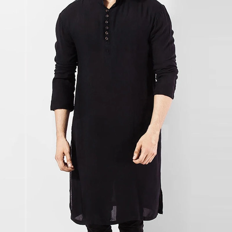 Мужская мусульманская футболка Kurta Однотонная рубашка с длинным рукавом
