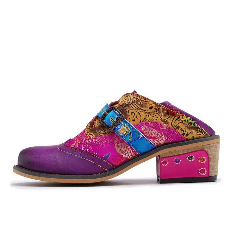 Tuyoki Vintage Pattern Genuine Leather Splicing Buckle Strap Pumps Mixed Color Thick Heels Bohemian Shoes Women Size 36-42
